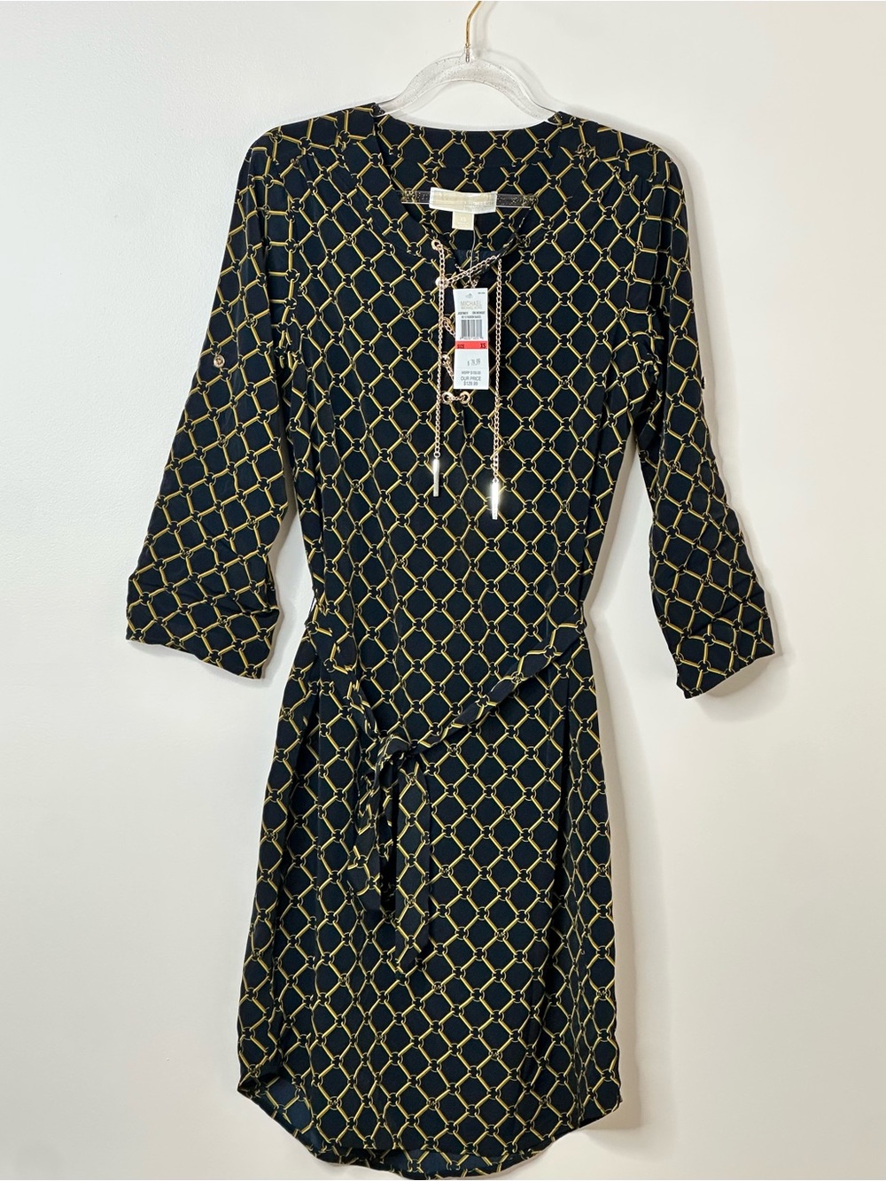 Michael Michael Kors Chain Print Wrap Dress XS NWT Navy Gold Belted